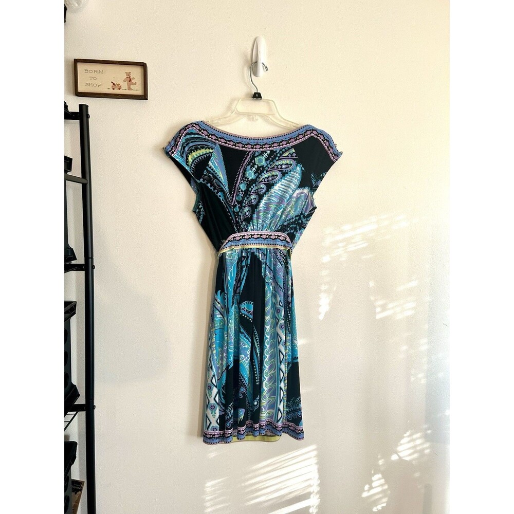 New York and Company Small Bold Multi Color Paisley Dress Stretch Blue Boat Neck - Picture 5 of 5